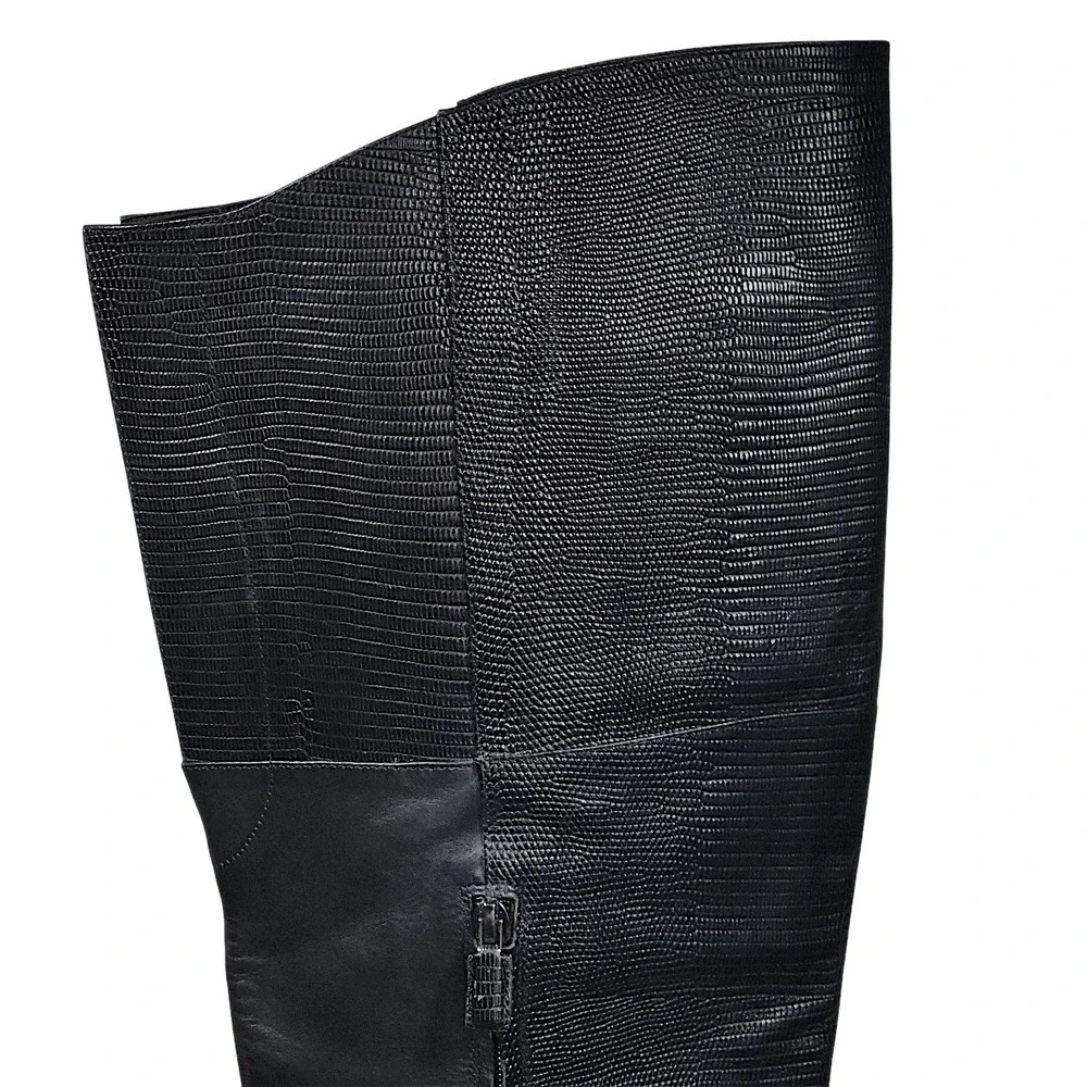 BCBGMAXAZRIA Runway Boots 9M Concorde Black Leather Lizard Print Thigh High 4.5